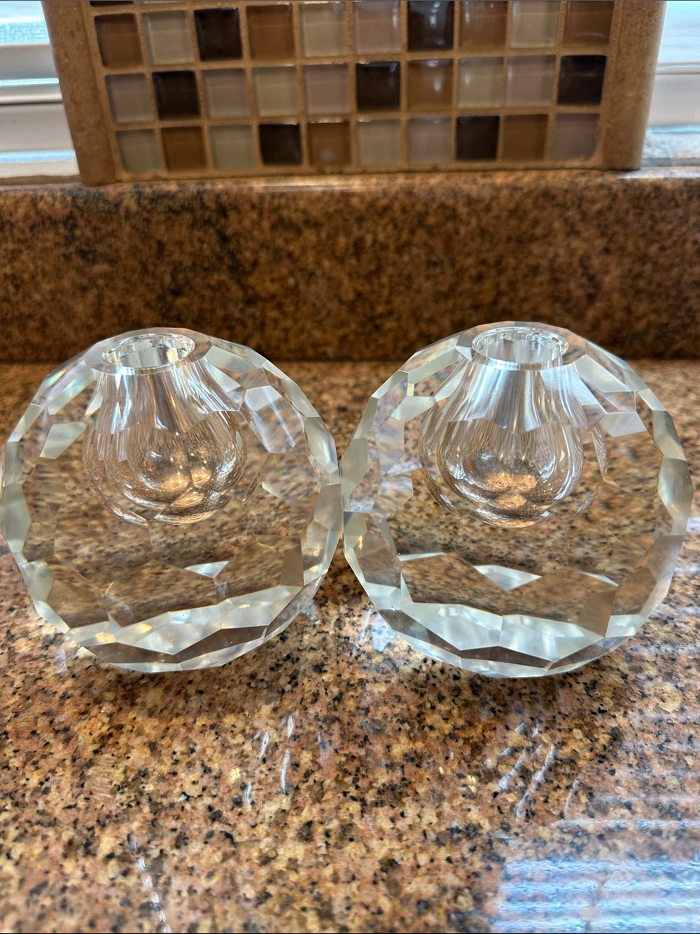 Crystal candle holders, vintage. Hand cut, imported. Beautiful faceted sphere.